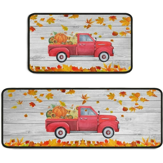 Red Truck Pumpkin Fall Kitchen Rugs Set 2Pcs Soft Standing Area Mat for Farmhouse Doormat Outdoor Harvest Decor 17"x47"+17"x30"