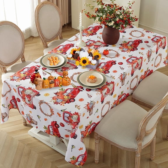 Red Truck Pumpkin Pattern Tablecloths Rectangle 60 x 120 inch Waterproof Heavy Duty Fall Tablecloth, Fabric Polyester Table Cover for Autumn, Thanksgiving, Picnic, Indoor, Outdoor, White