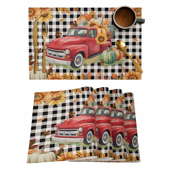 Red Truck Pumpkin Sunflower Placemats Set of 12 Thanksgiving Fall Black Plaid Heat Insulation Washable Place Mats, Rustic Non-Slip Table Mats for Dining Table Party Kitchen Decor,13x19 Inch