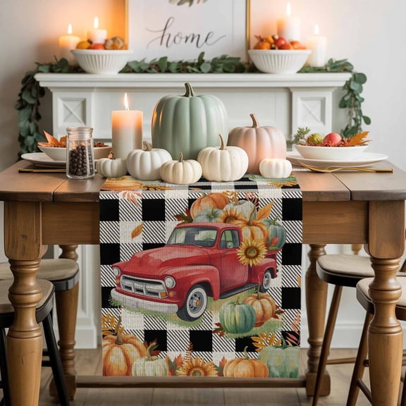 Red Truck Pumpkin Sunflower Table Runner, Autumn Thanksgiving Kitchen Dining Table Decoration for Home Party Decor 13x36 Inches