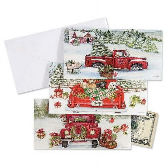 Red Truck Puppy Money Christmas Card Holders by Susan Winget, Set of 6 Holiday Money Cards (3 Designs), 3 5/8" x 7" Folded, Envelopes included