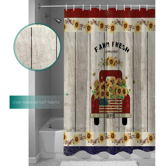 Red Truck Shower Curtain Waterproof Polyester Fabric,Retro Red Truck with Farm Fresh Sunflower USA Flag Blue Red72x84inch Curtain Decor Sets with Hooks for Bathroom Showers and Bathtubs