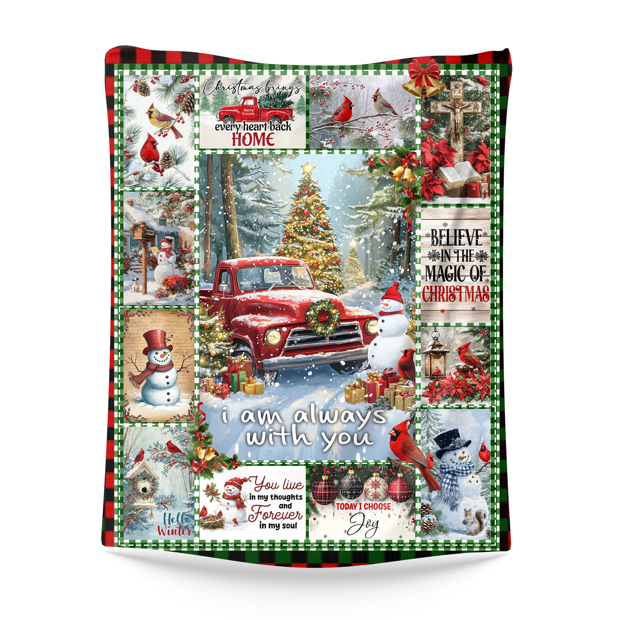 Red Truck and Snowman Christmas Blanket – Winter Holiday Throw with Cardinals, Snowy Trees, and Festive Gifts – Birthday or Christmas Gift for Women, Men, and Kids