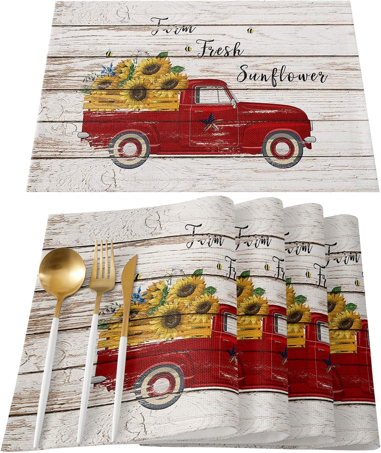 Red Truck Sunflower Decor Placemats for Dining Table Set of 6 Washable ...