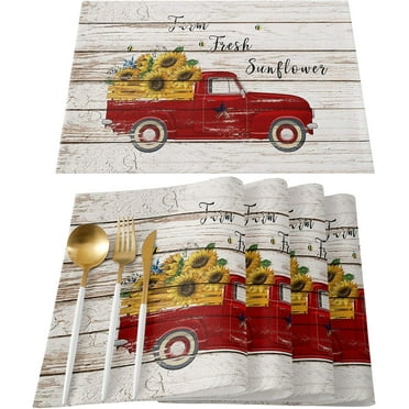Red Truck Sunflower Decor Placemats for Dining Table Set of 6 Washable Fabric Farmhouse Wood Non Slip Cotton Linen Placemats Heatproof Table Mats for Kitchen