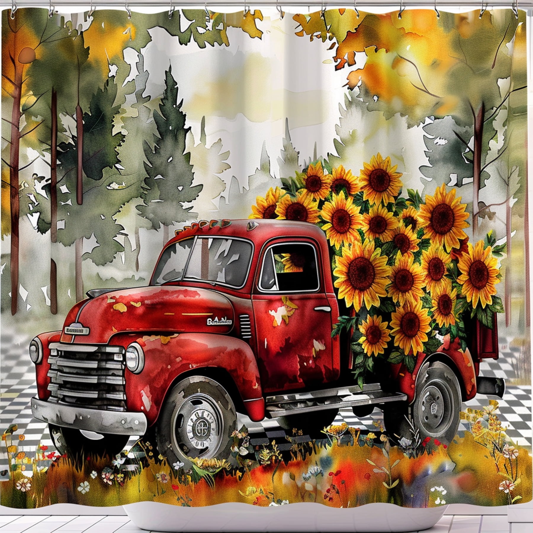 Red Truck Sunflowers & Forest Flowers Shower Curtain American Retro