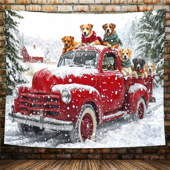 Red Truck Tapestry,Winter Snowy Forest Tapestries,Funny Dogs Farm Barn Vintage Rustic Wall Hanging for Bedroom Living Room Dorm,50X60Inches