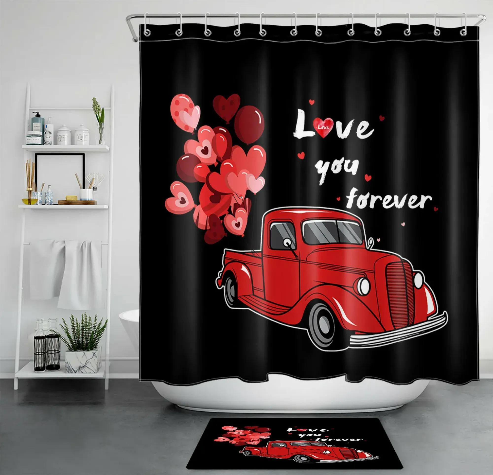 Red Truck Valentine's Shower Curtain Set Black Background Bathroom