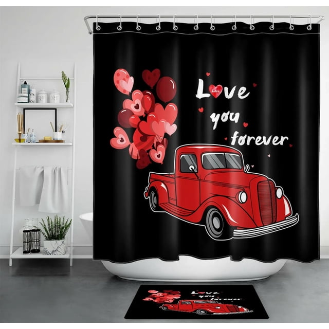 Red Truck Valentine's Shower Curtain Set Black Background Bathroom