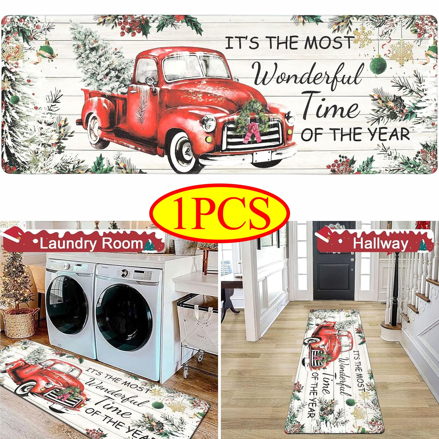 Red Truck Xmas Tree Kitchen Rugs 1 PCS Merry Christmas Anti Fatigue Kitchen Floor Mat Farmhouse