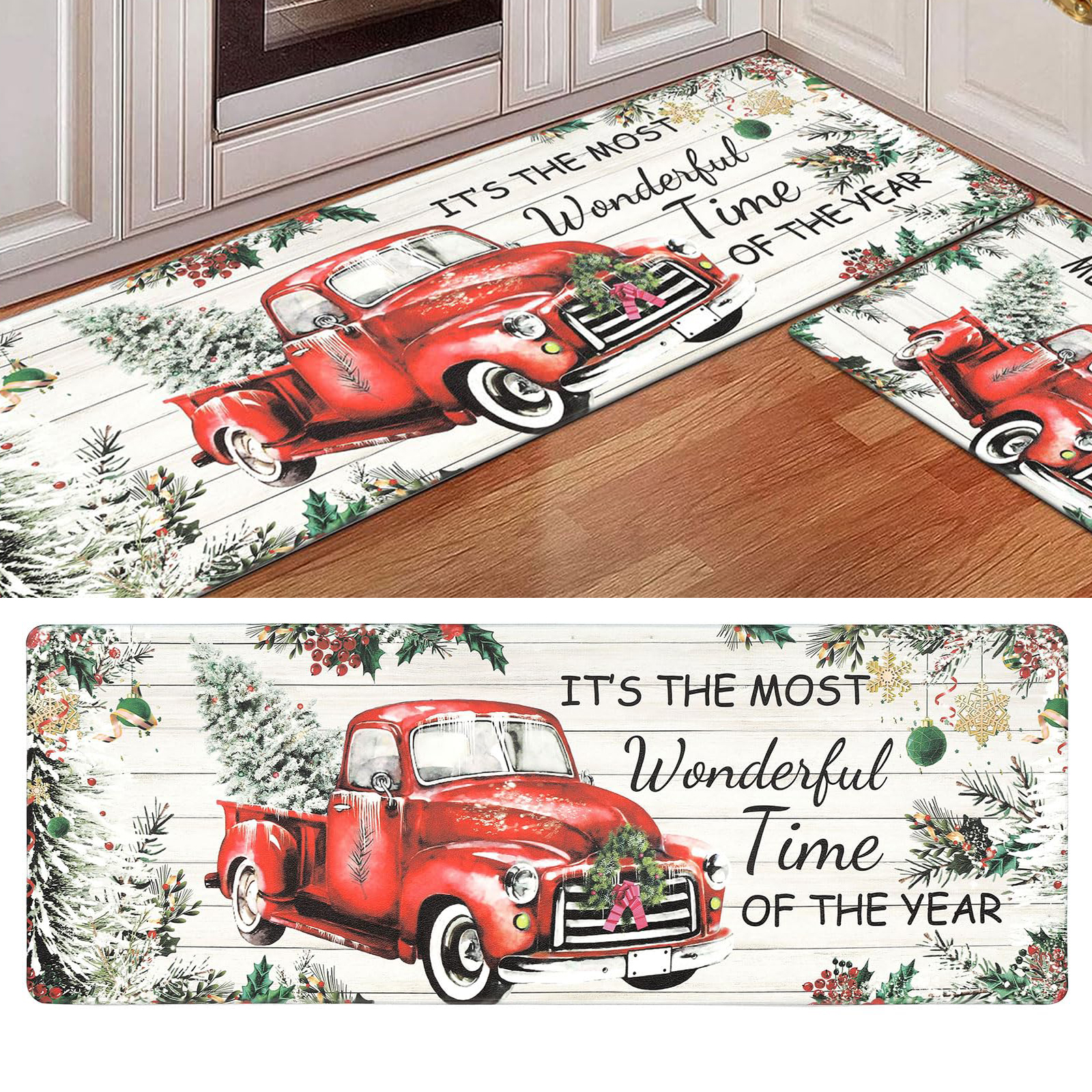 Red Truck Xmas Tree Kitchen Rugs and Mats Large Merry Christmas Anti Fatigue Kitchen Floor Mat