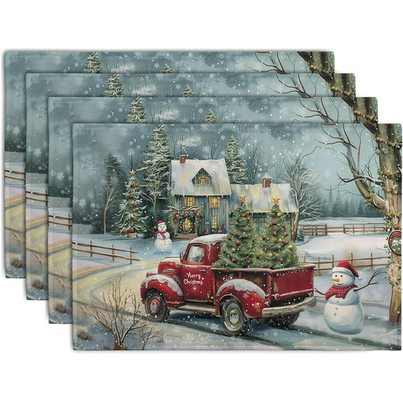 Red Truck Xmas Tree Snowman Christmas Placemats Set of 4 Winter Snowflake Vintage Farmhouse Rustic Place Mats 12x18 Inch Seasonal Christmas Holiday Washable Table Mats for Party Kitchen Dining Decor