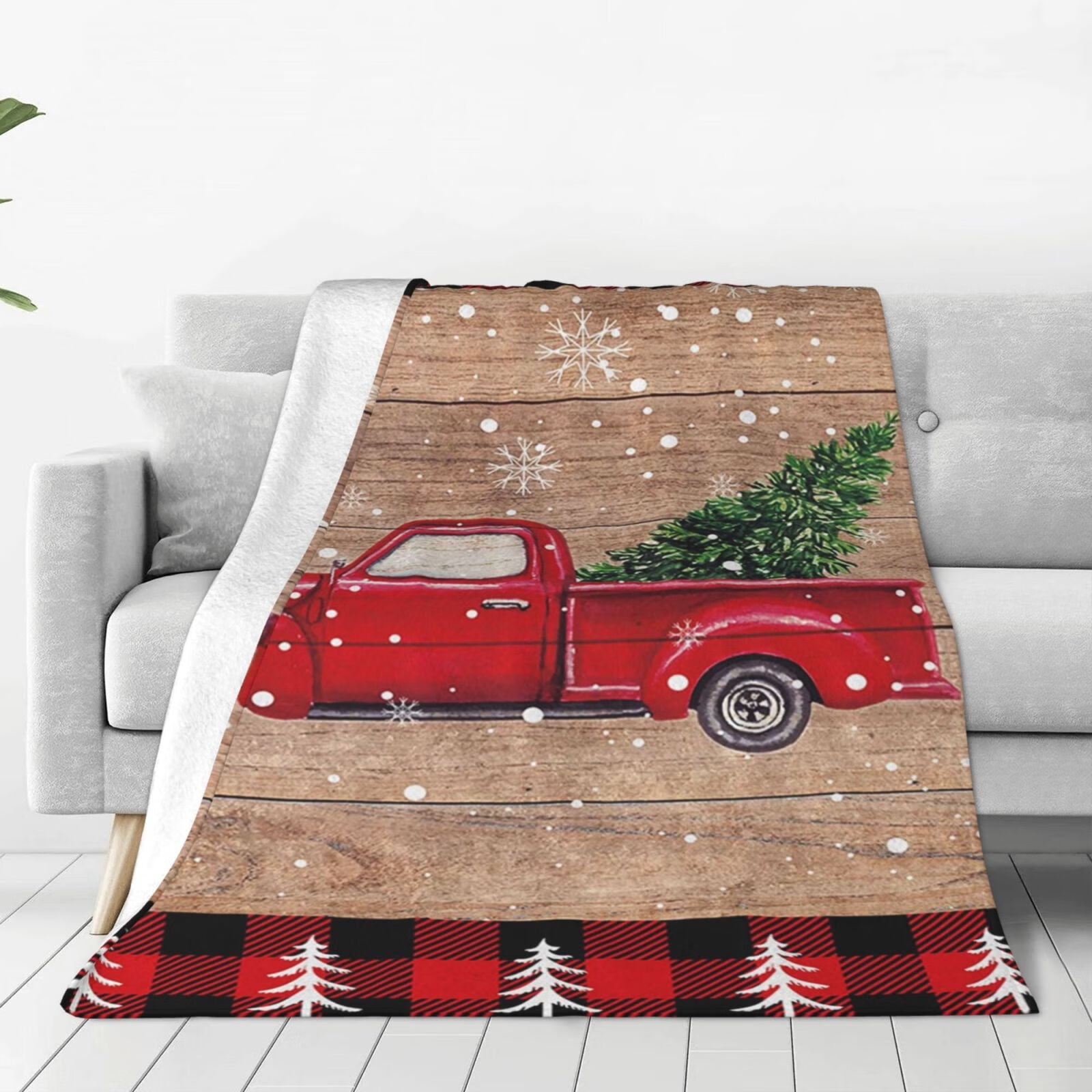 Red Truck with Christmas Tree Flannel Blankets Snowflake Wood Grain Throw Blankets Soft Lightweight Bed Blanket 50x60inch