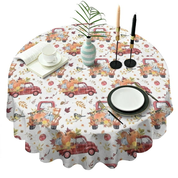 Red Truck with Fall Pumpkins Pattern Round Tablecloth 60" X 60",Wrinkle Wipeable Table Cloth for Kitchen Dining Room Picnic Patio Party