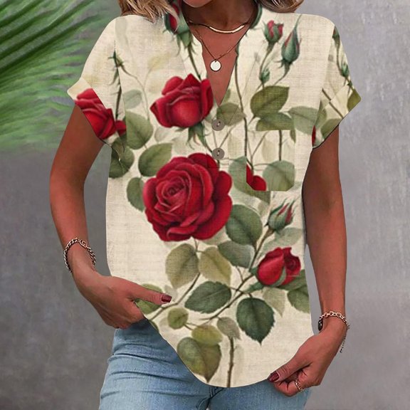 Red Tshirts for Womens Fashion T Shirts 2025 Short Sleeve Casual V Neck Summer Tops Cute Loose Fit Blouses Graphic Tees Features: Going Out Tops for Women