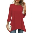 thumbnail image 1 of Red Tshirts for Women Casual Loose Round Neck Mid Length Sleeve Ladies Top Asymmetrical Summer Tops, 1 of 4