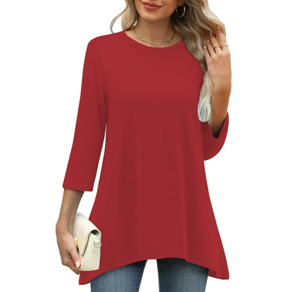 Red Tshirts for Women Casual Loose Round Neck Mid Length Sleeve Ladies Top Asymmetrical Summer Tops