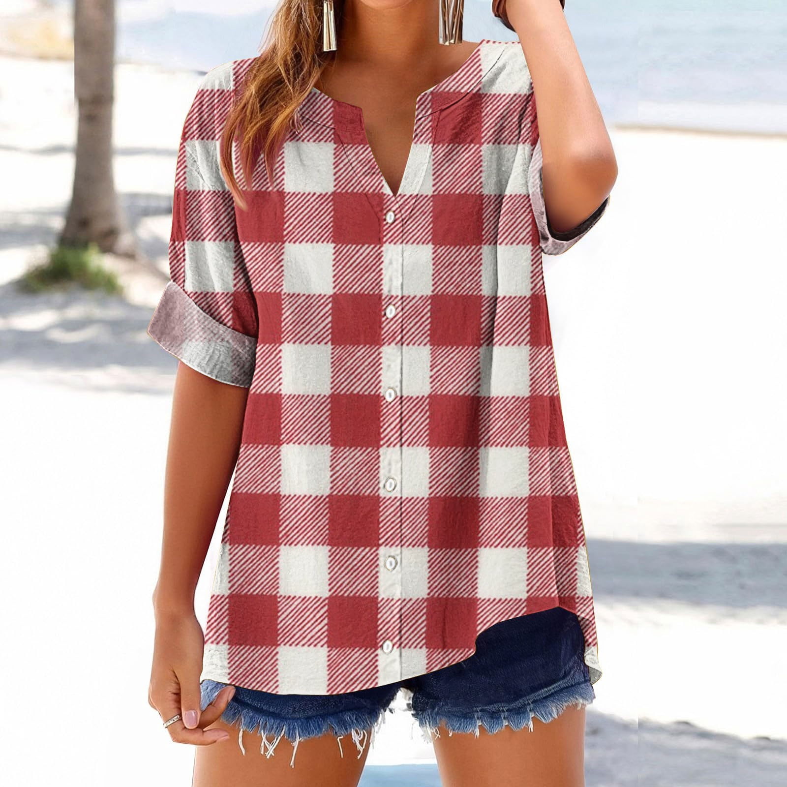 Red Tshirts for Women Cotton Linen Shirts for Women 2025 Trendy Roll Up ...