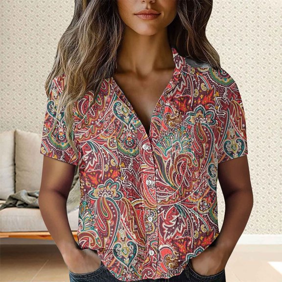 Red Tshirts for Women Cotton Shirt Printed Fashion Down Shirts Casual Tops Short Sleeve Blouse Going Out Tops for Women