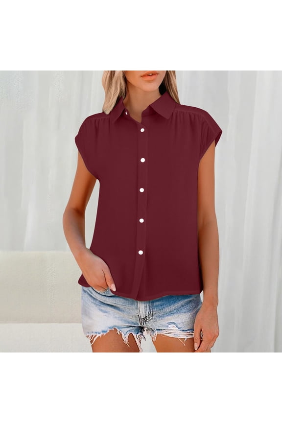 Red Tshirts for Women's Elastic Cuffs Cotton Linen Button Up Shirt for Daily Casual Commuting Summer Tops