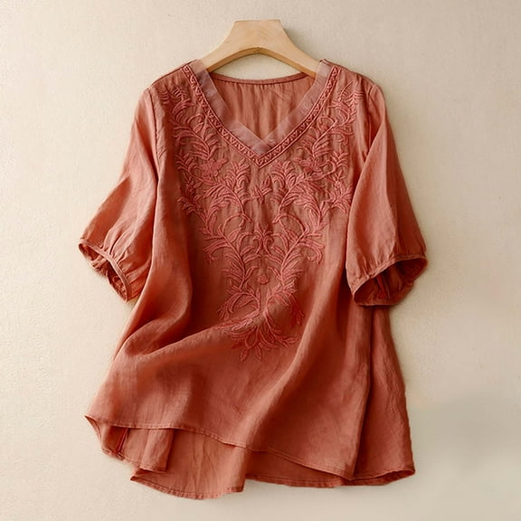Red Tshirts for Women's Embroidered Blouse Cotton Linen Puff Short Sleeve Crew Neck Boho Top Summer Casual Loose Fit T Shirts Womens 3/4 Sleeve Tops