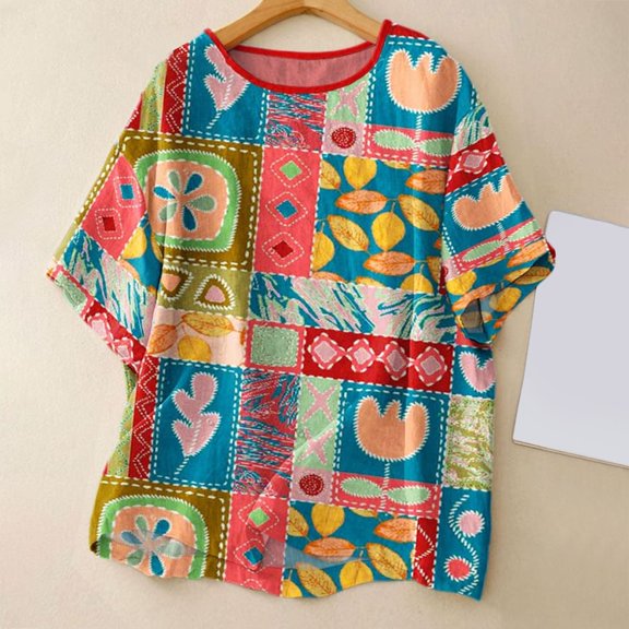 Red Tshirts for Women's Retro Floral Art Printed Casual Imitation Cotton Round Neck Shirt Pure Cotton Women's T Shirt Summer Tops