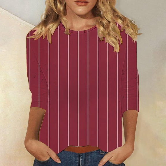 Red Tshirts for Women's Spring Round Neck Regular Printed Loose Casual Seven Quarter Sleeve T Shirt Going Out Tops for Women