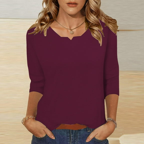 Red Tshirts for Womens 3/4 Length Sleeve Tunic Tops Casual V Neck Shirts Basic Tees Business Work Blouses Summer Fall 2025 Clothes Summer Tops