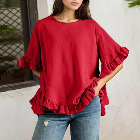 Red Tshirts for Womens Daily Casual O Neck Shirts Short Sleeve Tops Collared Blouses Loose Fit Shirt Summer Tops