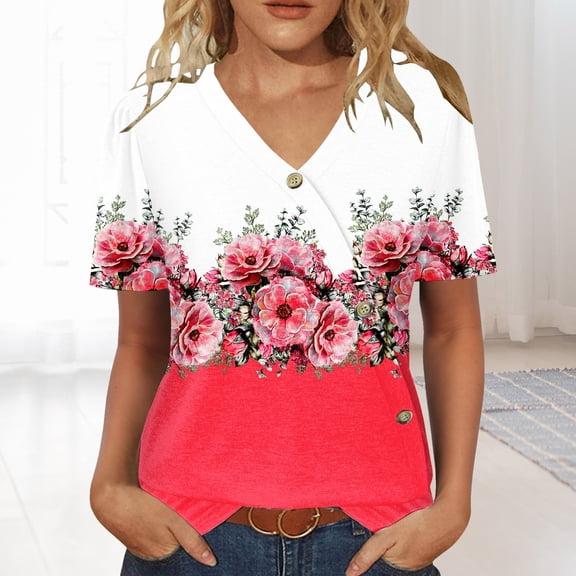 Red Tshirts for Womens Tops Casual Short Sleeve V Neck Shirts Puff Sleeve Tshirts Loose Casual Blouse Summer Tee Summer Tops