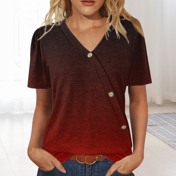 Red Tshirts for Womens Tops Casual Short Sleeve V Neck Shirts Puff Sleeve Tshirts Loose Casual Blouse Summer Tee Summer Tops