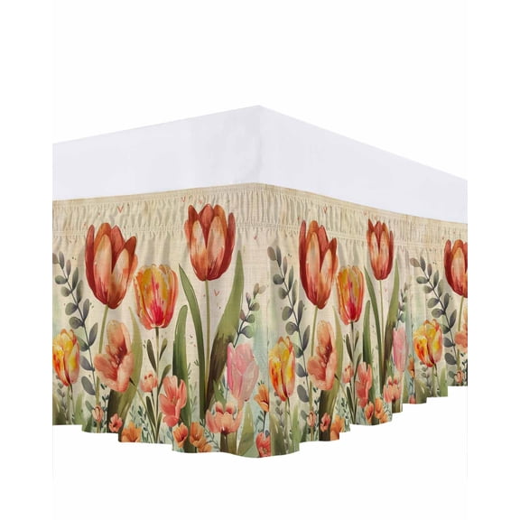 Red Tulip Bed Skirt King Size 16" Drop Eucalyptus Watercolor Floral Plants Retro Linen Ruffled Wrap Around Bed Skirts Adjustable Elastic Bedskirt Dust Ruffle for King Size Bed