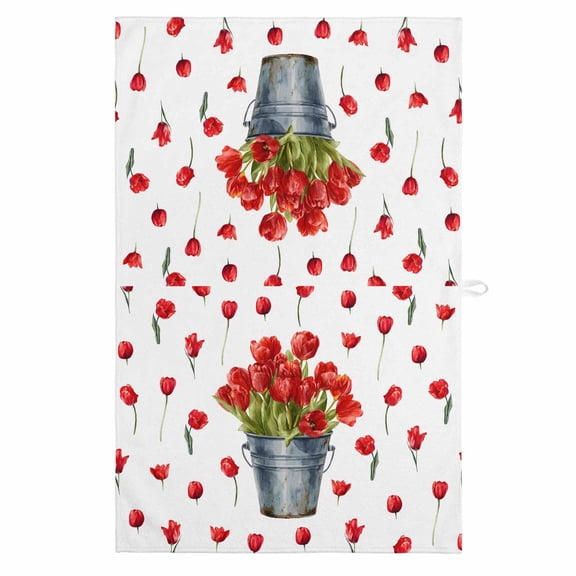 Red Tulip Flowers 1 Pack Kitchen Towel, Water Absorbent Dish Towel, Spring Floral Vintage Drum Rustic Decorative Hand Towels - Quick Drying Cloth for Cooking Baking, 18x28 Inch