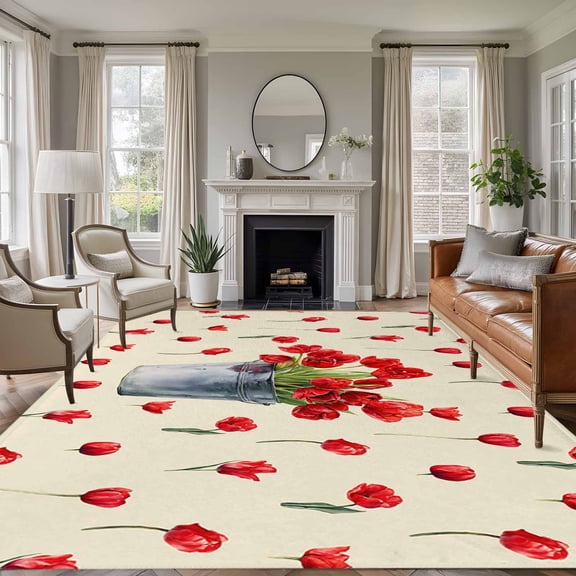 Red Tulip Flowers 5'x8' Area Rug for Living Room, Spring Floral Vintage Drum Country Yellow Washable Non-Slip Rugs for Bedroom Nursery Dining Room, Low-Pile Kitchen Carpet Large Entryway Rugs