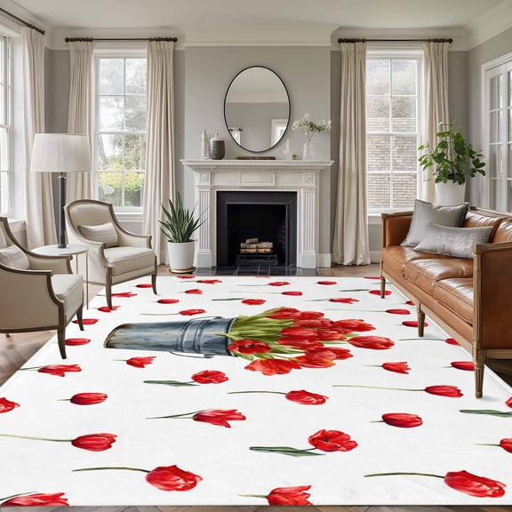 Red Tulip Flowers 5'x8' Area Rug for Living Room, Spring Floral Vintage Drum Rustic Washable Non-Slip Rugs for Bedroom Nursery Dining Room, StainResistant Low-Pile Kitchen Carpet Large Entryway Rugs