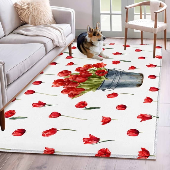 Red Tulip Flowers Area Rugs 4'x6', Washable Small Throw Rugs for Office Bathroom, Spring Floral Vintage Drum Rustic Indoor Outdoor Rug Non-Slip Low Pile Carpet Runner Reversible Floor Mats