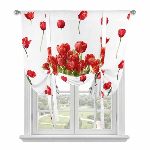 Red Tulip Flowers Balloon Curtains for Windows, Bedroom Curtains 54 Inch Length, Spring Floral Vintage Drum Rustic Tie Up Curtains Panels Thermal Insulated Bathroom Curtains Window 42"x54"