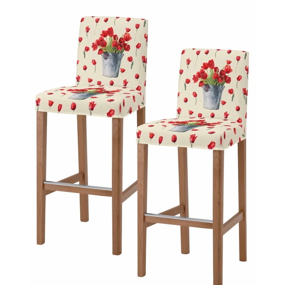 Red Tulip Flowers Bar Stool Covers Set of 2, Spring Floral Vintage Drum Country Yellow Stretch Bar Chair Covers with Backs, Removable Pub Counter Height Chair Cover for Kitchen Dining Room Cafe