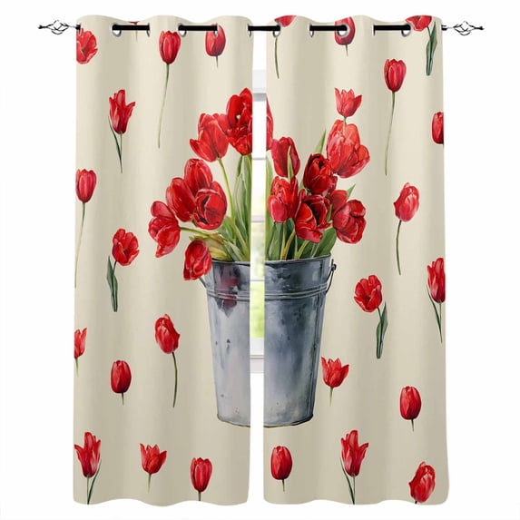 Red Tulip Flowers Blackout Curtains for Bedroom, Spring Floral Vintage Drum Country Yellow Thermal Insulated Kitchen Drapes with Grommets, Light Blocking Window Treatment, 2 Panels 27.5" x 39"