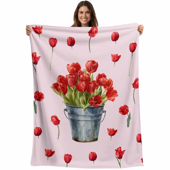 Red Tulip Flowers Blanket Soft Cozy Warm Throw Blanket for Couch, Plush Fuzzy Flannel Fleece Blankets for Sofa, Spring Farmhouse Floral Botanical Pink Bed Blankets Lightweight Gifts for Men, 30"x40"