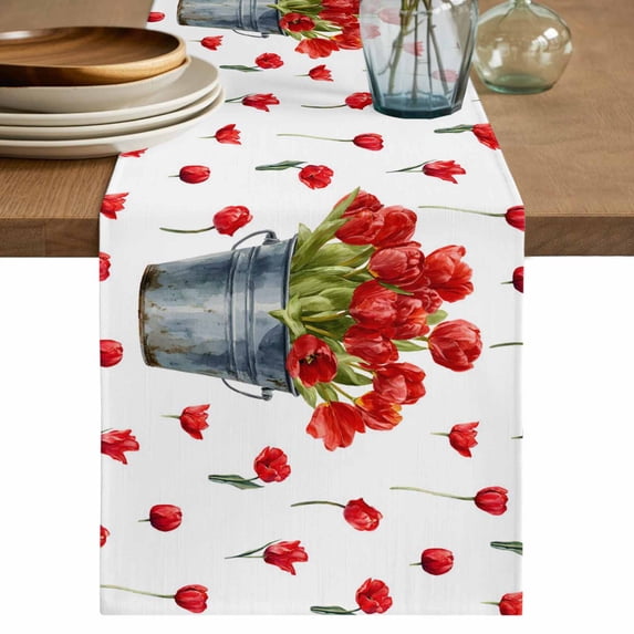 Red Tulip Flowers Cotton Linen Table Runner for Dining Kitchen, Spring Floral Vintage Drum Rustic Wedding Outdoor Party Tablerunners Decoration, Dresser Scarf Coffee Tablecloth Runners 13x60 Inches