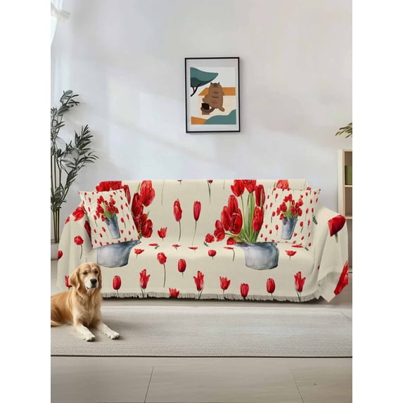 Red Tulip Flowers Couch Cover, Spring Floral Vintage Drum Country Yellow Sofa Cover Blanket for Loveseat Couches, Sectional Sofa Slipcover Furniture Protector for Living Room Bedroom 71''x118''