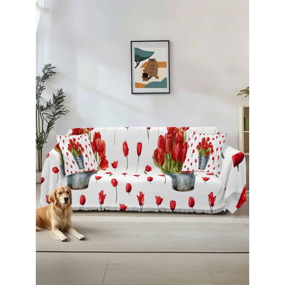 Red Tulip Flowers Couch Cover, Spring Floral Vintage Drum Rustic Sofa Cover Blanket for Loveseat Couches, Sectional Sofa Slipcover Furniture Protector for Living Room Bedroom 71''x118''