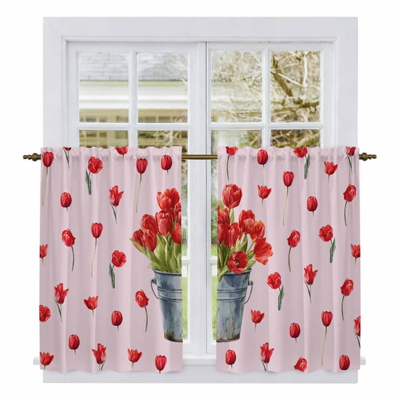 Red Tulip Flowers Kitchen Curtain for Berdoom Living Room Cafe 54 Inch Length, Spring Farmhouse Floral Botanical Pink Tiers Curtains Light Filtering Drapes Window Treatment 2 Panels 52"Wx54"L