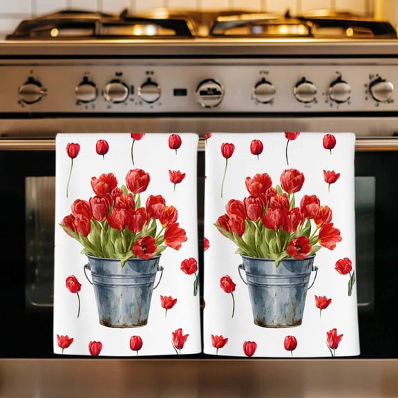Red Tulip Flowers Kitchen Towels Set of 1, Spring Floral Vintage Drum Rustic Absorbent Dish Towels for Kitchen, Microfiber Hand Towel, Quick Drying Tea Towel for Cleaning Decorative Dishcloths