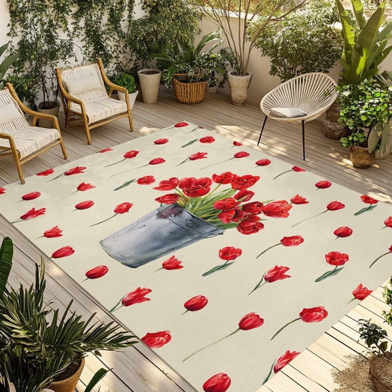 Red Tulip Flowers Outdoor Rug for Patio/Deck/Porch, Non-Slip Large Area Rug 4 x 6 Ft, Spring Floral Vintage Drum Country Yellow Indoor Outdoor Rugs Washable Area Rugs, Camping Rug Carpet Runner