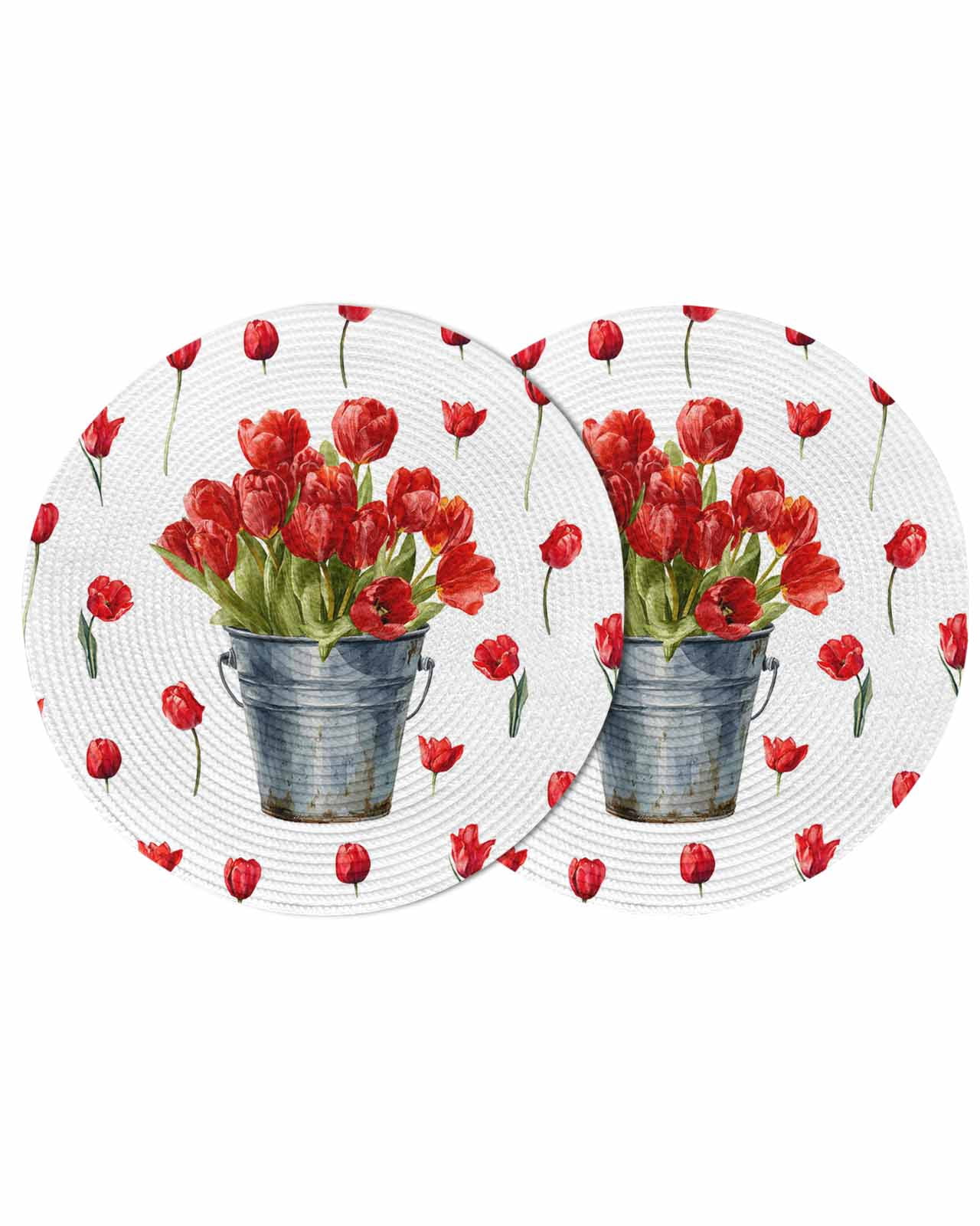 Red Tulip Flowers Round 13 Inch Placemats Set of 2, Spring Floral ...