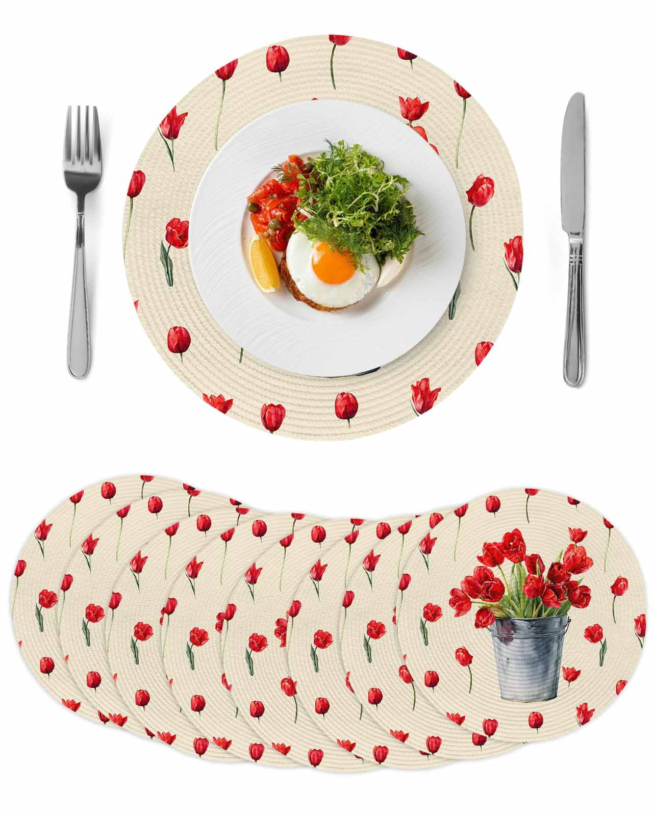 Red Tulip Flowers Round 13 Inch Placemats Set of 8, Spring Floral ...