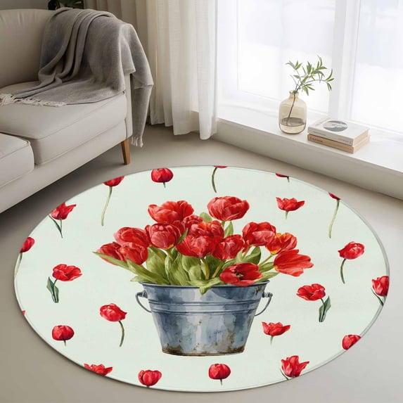 Red Tulip Flowers Round Area Rug 4Ft Washable Circle Rugs for Bedroom Dining Room, Spring Floral Vintage Drum Country Blue Non-Slip Carpet Floor Mats Indoor Outdoor Carpet Runner Aesthetic Home Decor