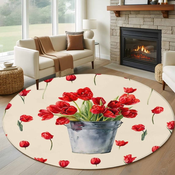Red Tulip Flowers Round Area Rug 5ft, Spring Floral Vintage Drum Country Yellow Washable Non-Slip Circle Rugs for Bedroom Living Room Kitchen, Soft Low Pile Carpet for Dining Room Playroom Nursery